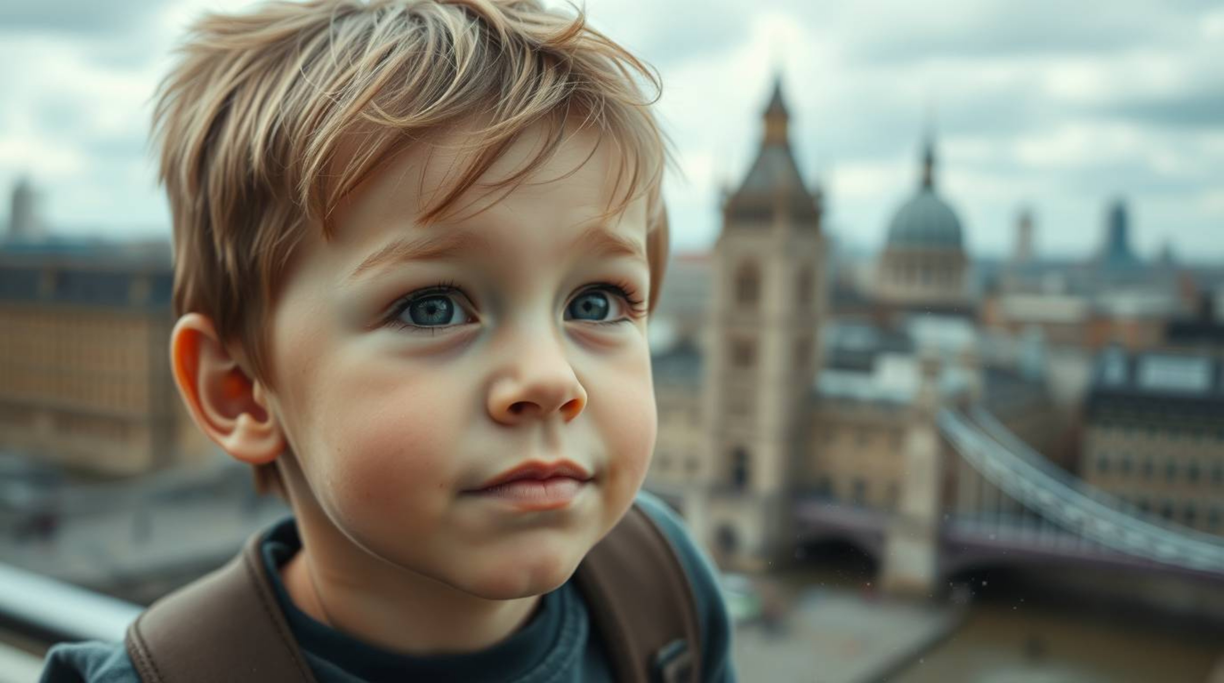 A close-up shot capturing the wonder-filled face of a young boy as he soars above a blurred London cityscape with the aid of 