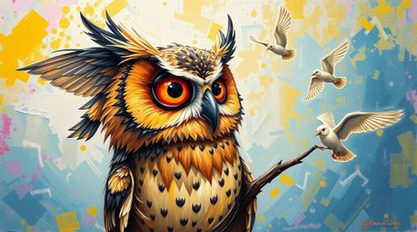 A bold and vibrant acrylic painting in the style of Pixar depicts a heartwarming scene: a blind owl, rendered with textured b