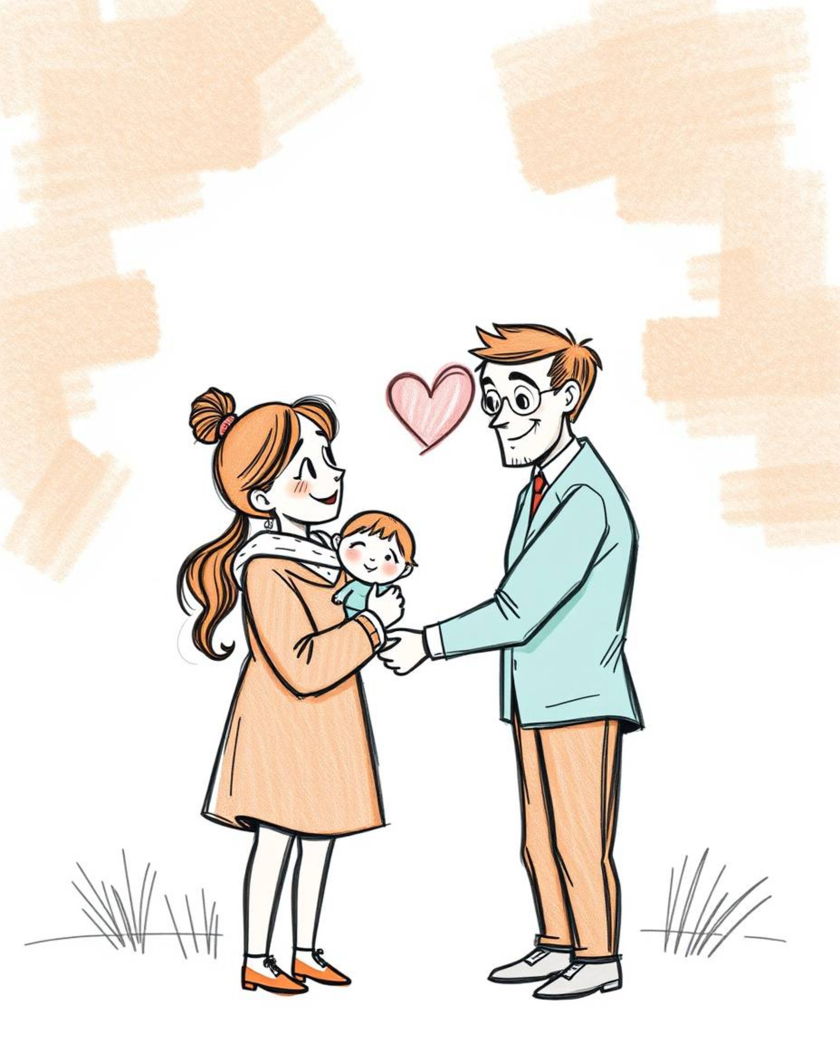 Capture the warmth and love of a family reunion with this hand-drawn sketch in Pixar style, featuring a delightful blend of w