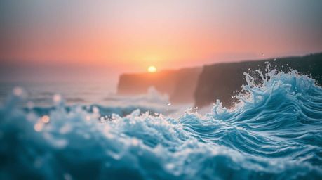 Experience the raw power and beauty of nature with this stunning close-up shot of waves crashing against cliffs under a blazi