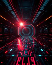 This image showcases a futuristic digital interface with an eerie and unsettling atmosphere, accentuated by a bright lens fla