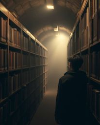 A captivating scene unfolds as a person discovers a hidden underground library, brought to life with soft focus and a hazy ba