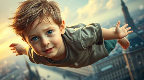 A young boy with cherubic features and fair skin is seen flying effortlessly above a dreamlike London, enveloped in shimmerin