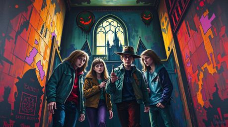 A vibrant acrylic painting depicts a group of teenagers solving a mystery within a haunted mansion.  The artwork features str