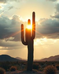 A desert cactus, glowing intensely in the final sun rays, is stylized into a geometric, high-contrast logo. Set against a dra