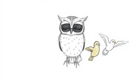 A heartwarming, hand-drawn sketch in a Pixar-esque style depicts a blind owl with large, gentle, closed eyes patiently guidin