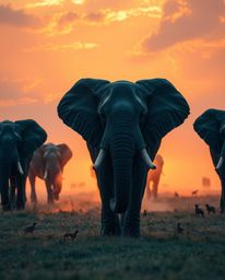 This is an epic, large-scale depiction of elephants walking across a field at sunset. The scene is bathed in gentle, soft lig