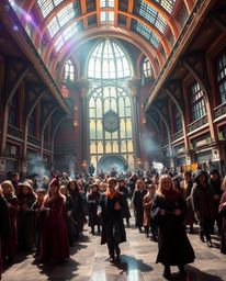 This high-resolution, epic-scale commercial photo depicts a magical school bustling with young wizards. Lens flares accentuat