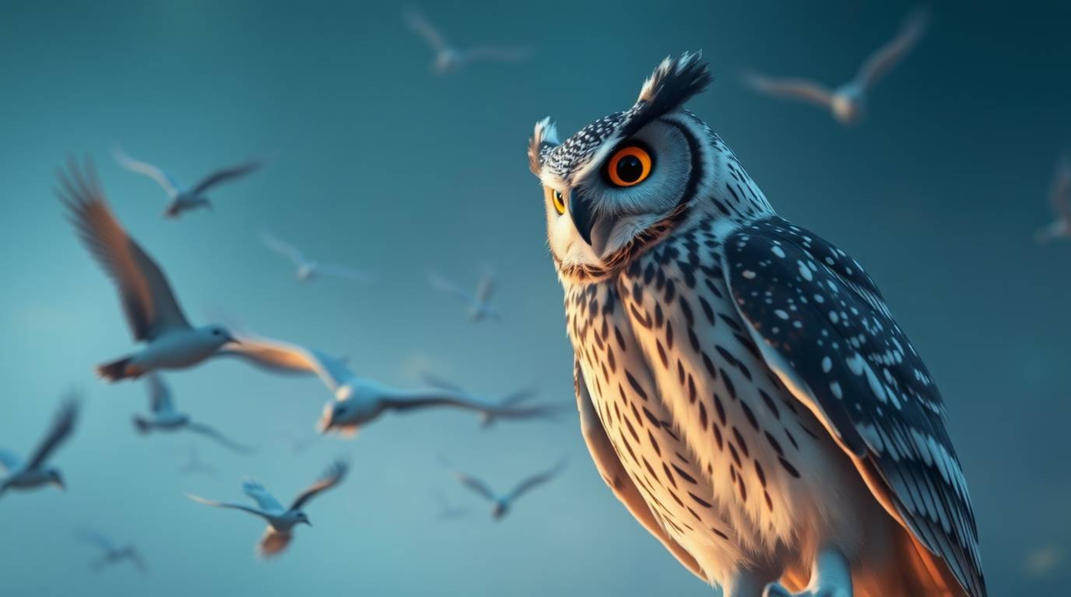 This stunning long exposure, cinematic photograph captures a blind owl, beautifully rendered in the style of Pixar, as it ove
