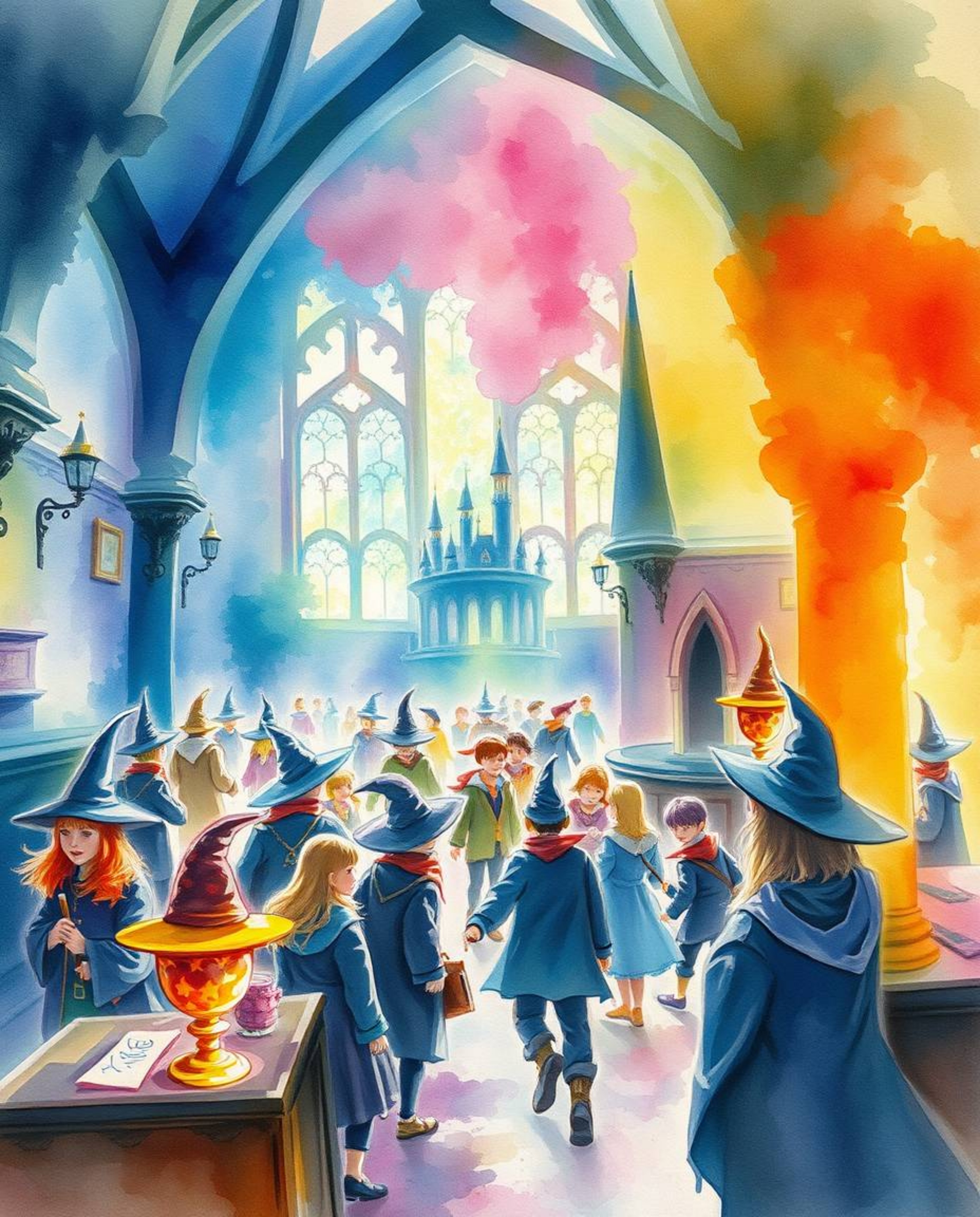 This delicate watercolor painting captures the essence of a magical school brimming with young wizards. The artist employs br