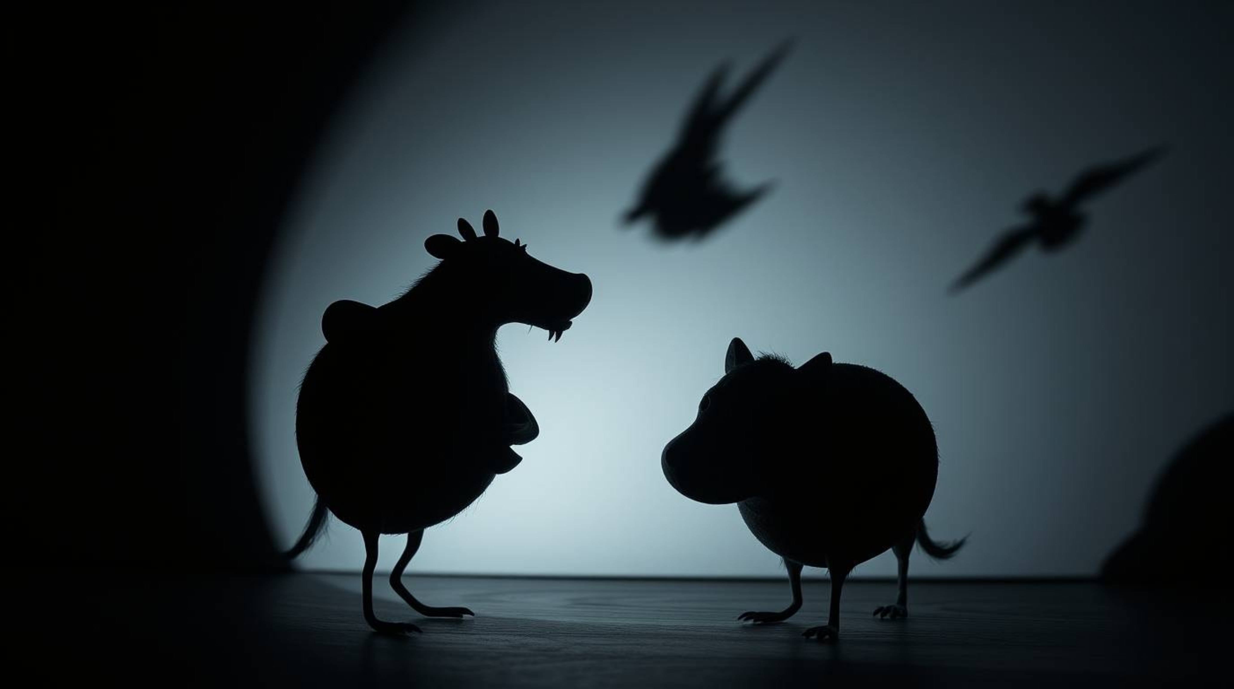 A mischievous pair of talking animals are dramatically illuminated by artistic lighting in intense jet black.  The scene crea