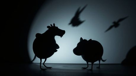 A mischievous pair of talking animals are dramatically illuminated by artistic lighting in intense jet black.  The scene crea