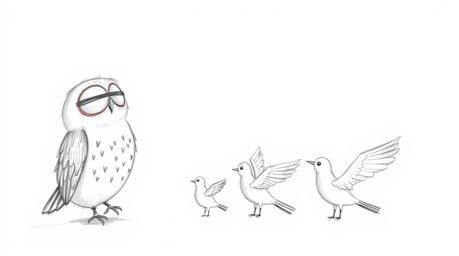 A hand-drawn sketch in the style of Pixar showcases a blind owl with soft feathers and gentle features, guiding a flock of bi