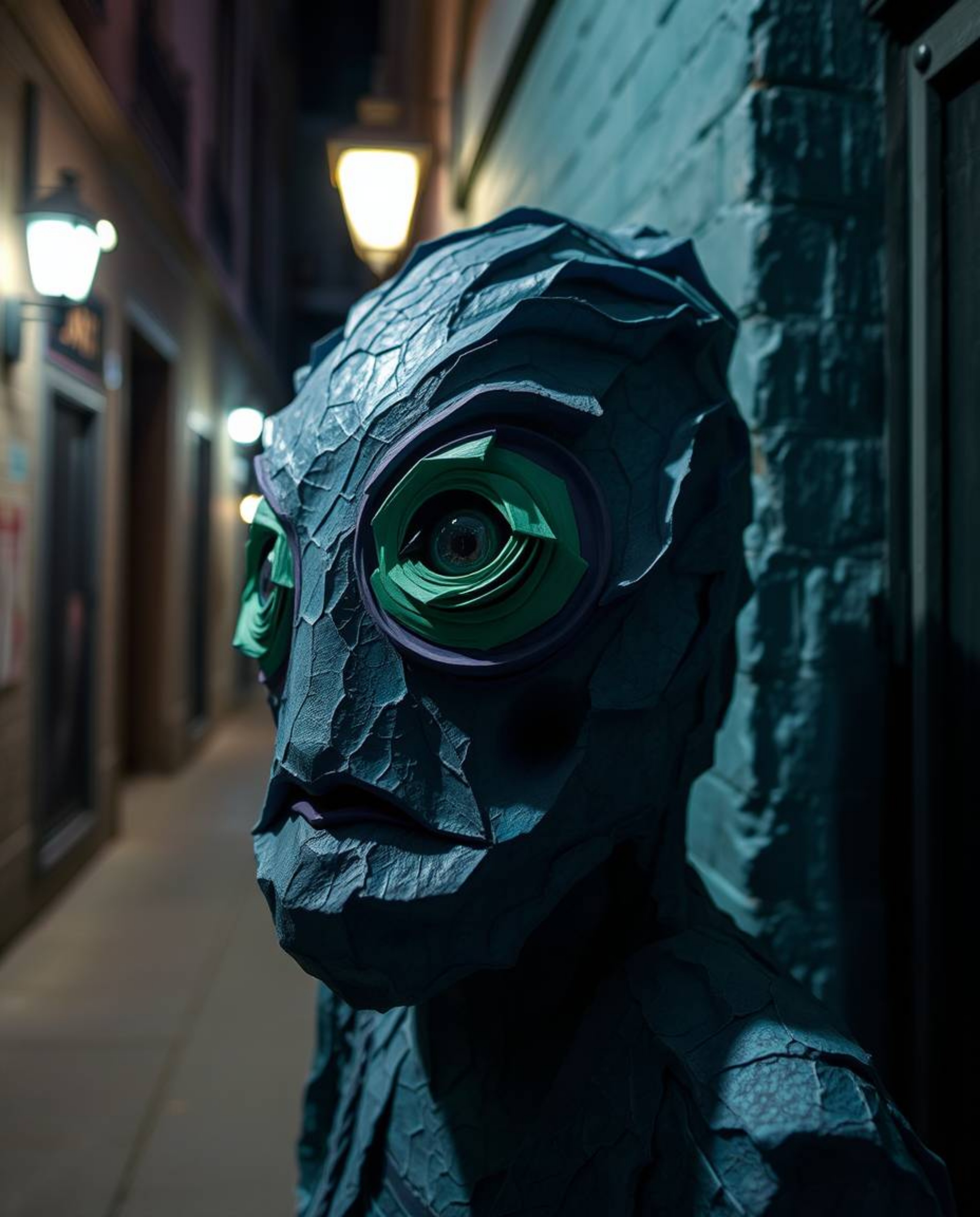 A cool-toned layered papier-mâché sculpture evokes a mysterious night alley scene. The artwork features blues, greens, and pu