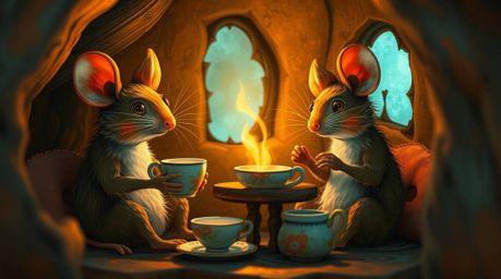Immerse yourself in a whimsical world with this creative light art depicting anthropomorphic mice enjoying a tea party in a c