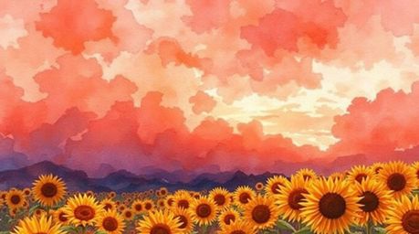 A breathtaking watercolor painting depicts a grand epic scene of a sunflower field bathed in the warm glow of a deep red and 