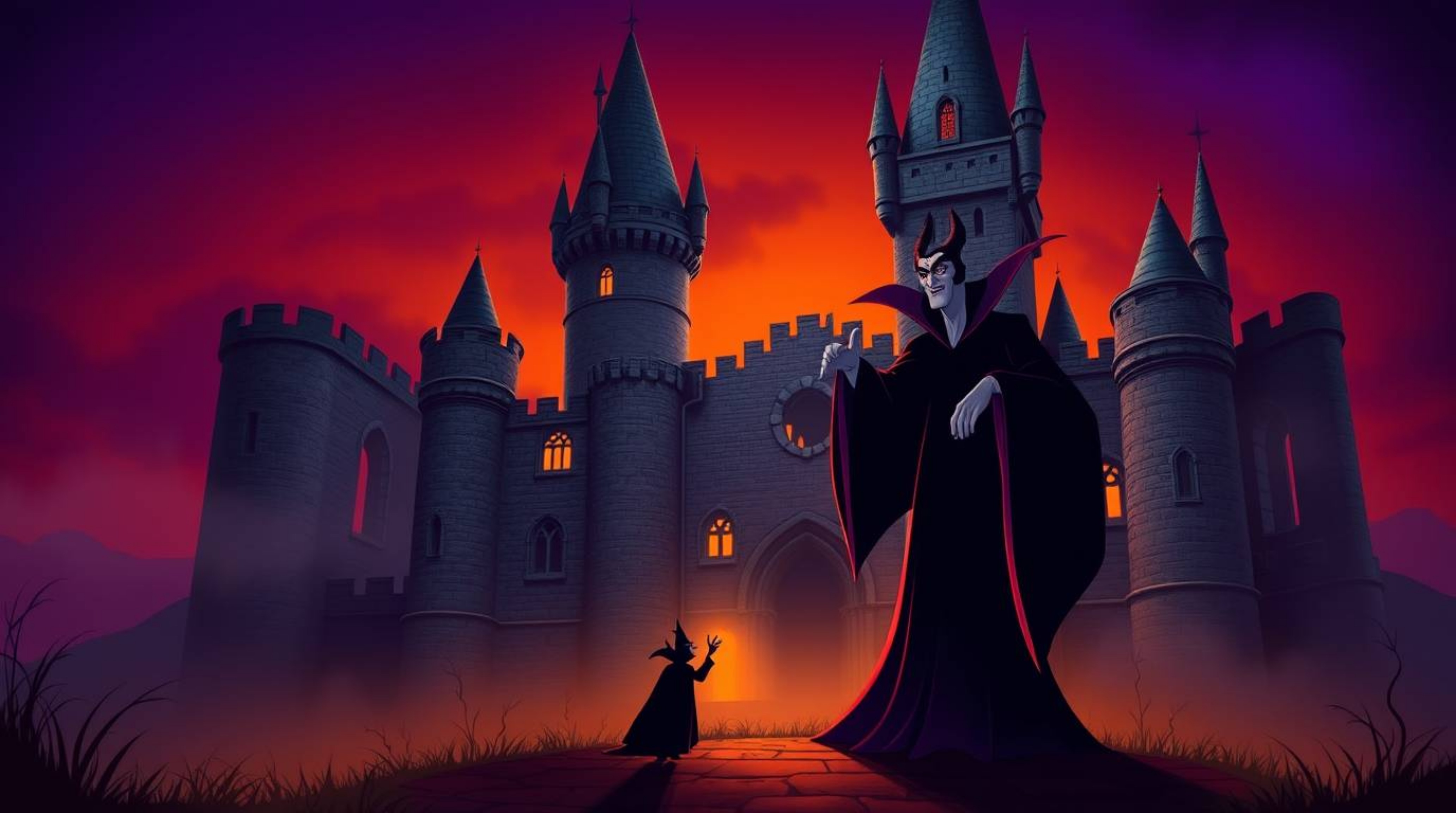 A classic Disney villain casts a mesmerizing spell within the walls of an ancient castle.  The scene is rendered with seamles