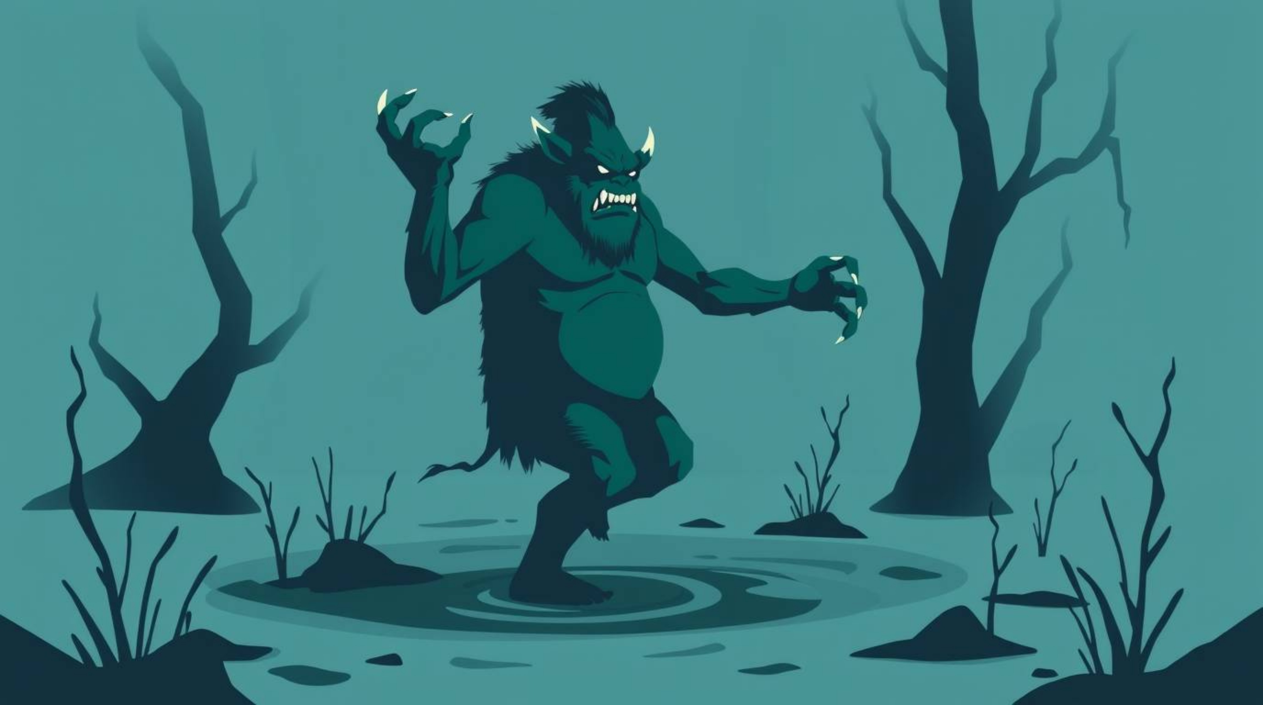 A vibrant, modern flat design illustration depicts an ogre joyfully dancing in a swamp.  The artwork utilizes simple two-dime