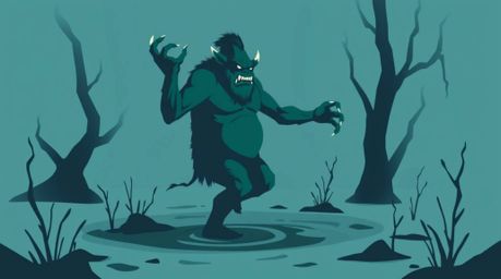 A vibrant, modern flat design illustration depicts an ogre joyfully dancing in a swamp.  The artwork utilizes simple two-dime