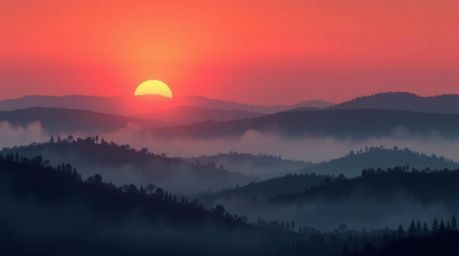 A sophisticated and elegant illustration depicting fog-covered hills bathed in the warm glow of a sunset.  Rich burgundy and 