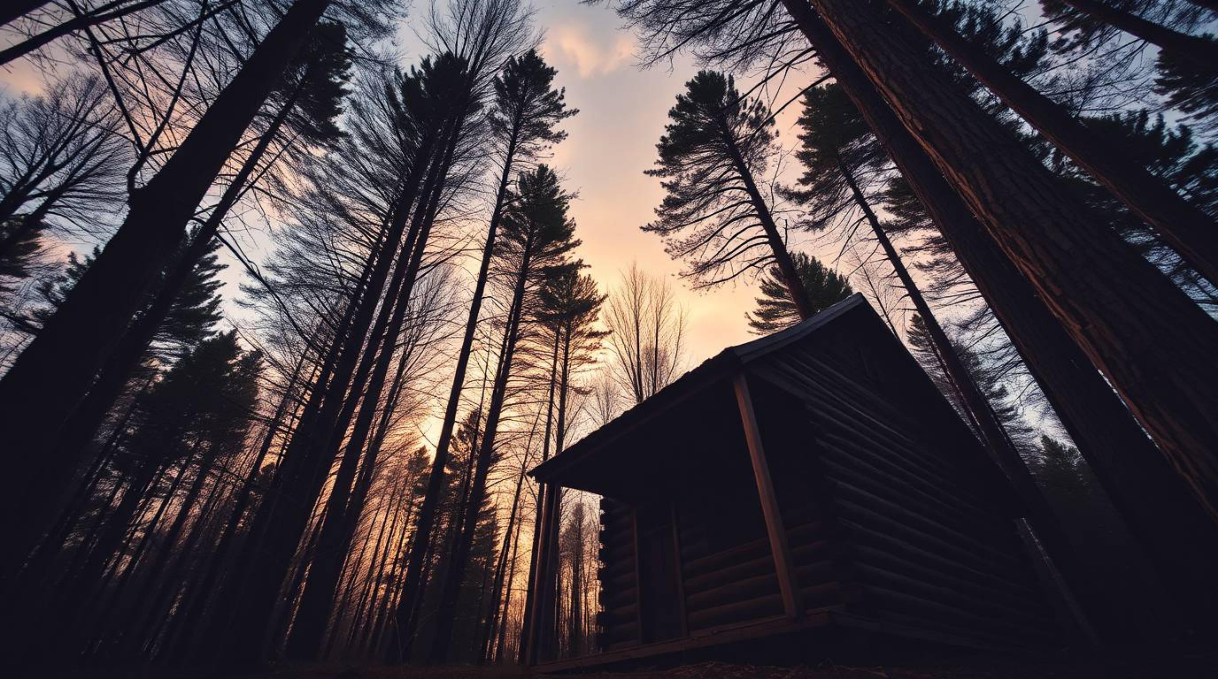 Capture the enchanting essence of an old wooden cabin nestled deep within the woods at sunset, viewed from a captivating low-