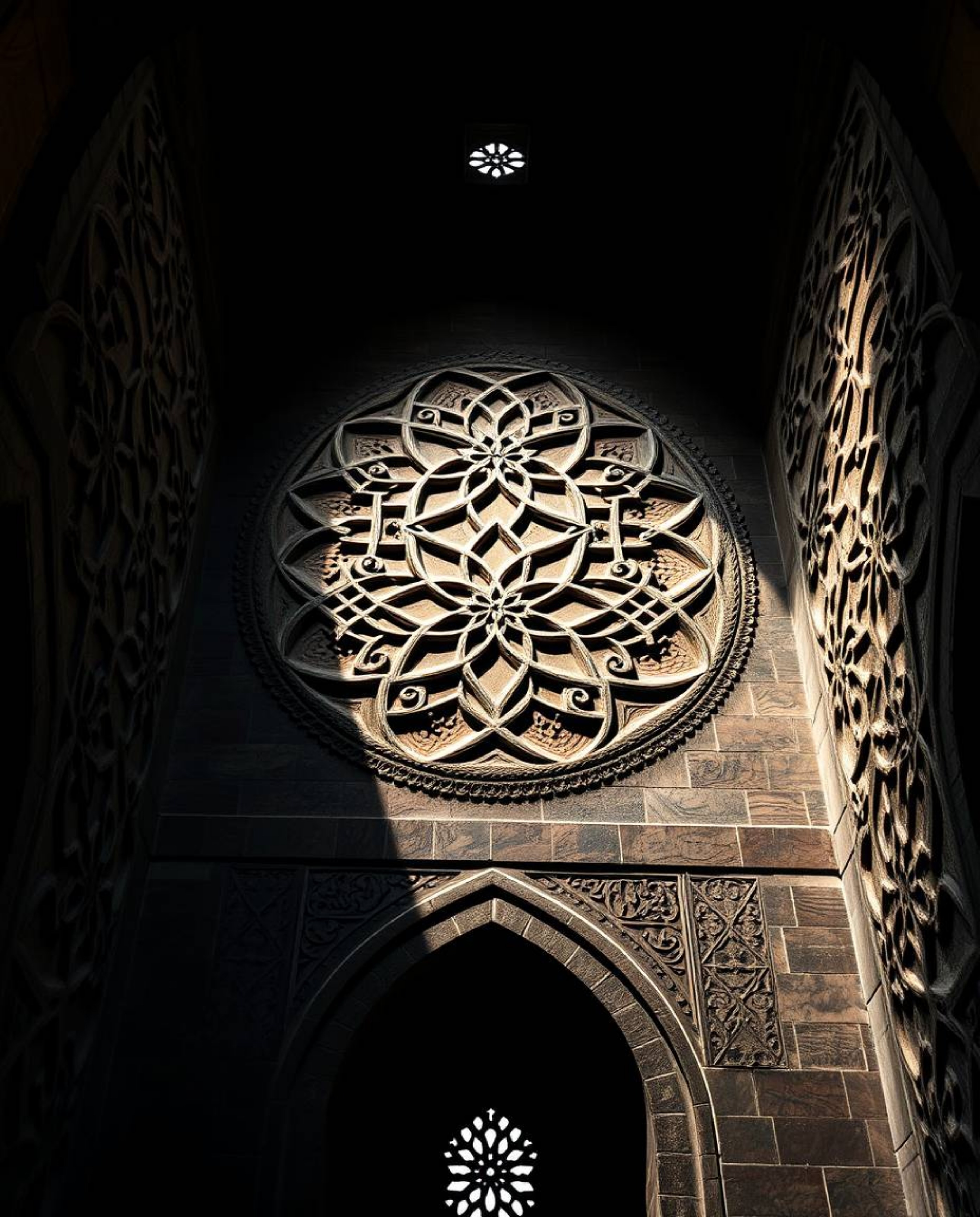 Explore the beauty of Islamic geometric patterns meticulously carved into stone, captured from a high-angle perspective.  The