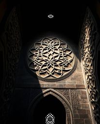 Explore the beauty of Islamic geometric patterns meticulously carved into stone, captured from a high-angle perspective.  The