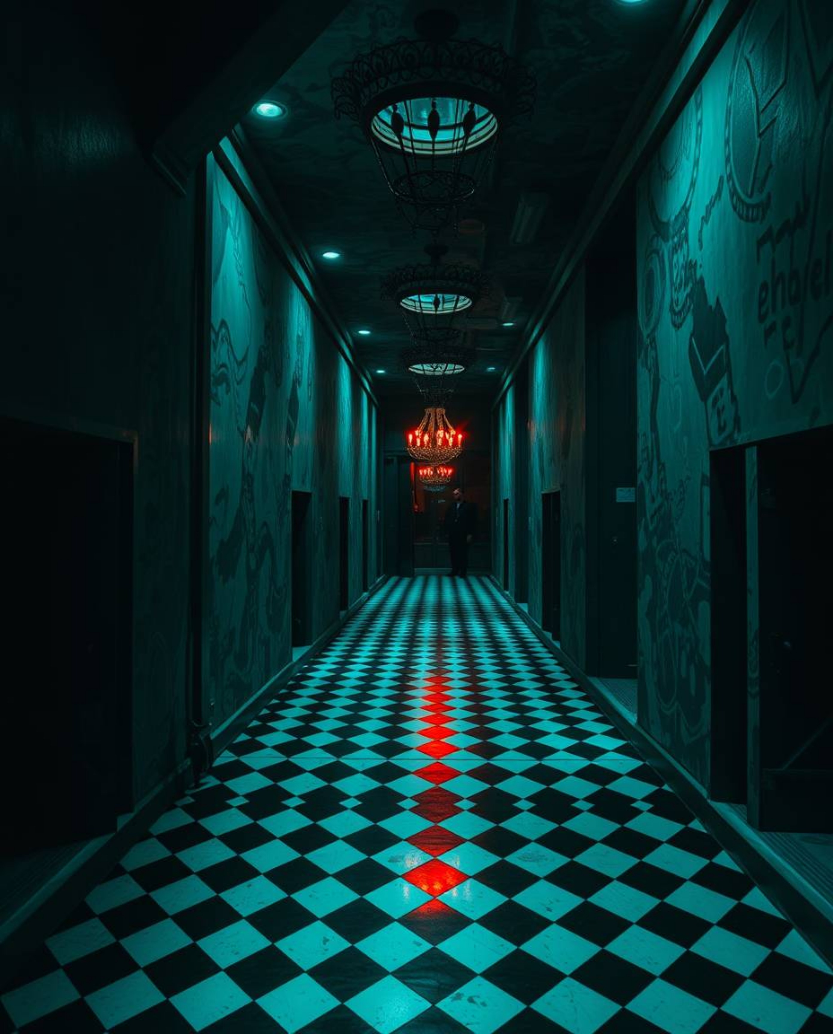 Experience an eerie and creepy atmosphere rendered in rich, deep teal tones, accentuated by a striking black and white geomet