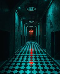 Experience an eerie and creepy atmosphere rendered in rich, deep teal tones, accentuated by a striking black and white geomet