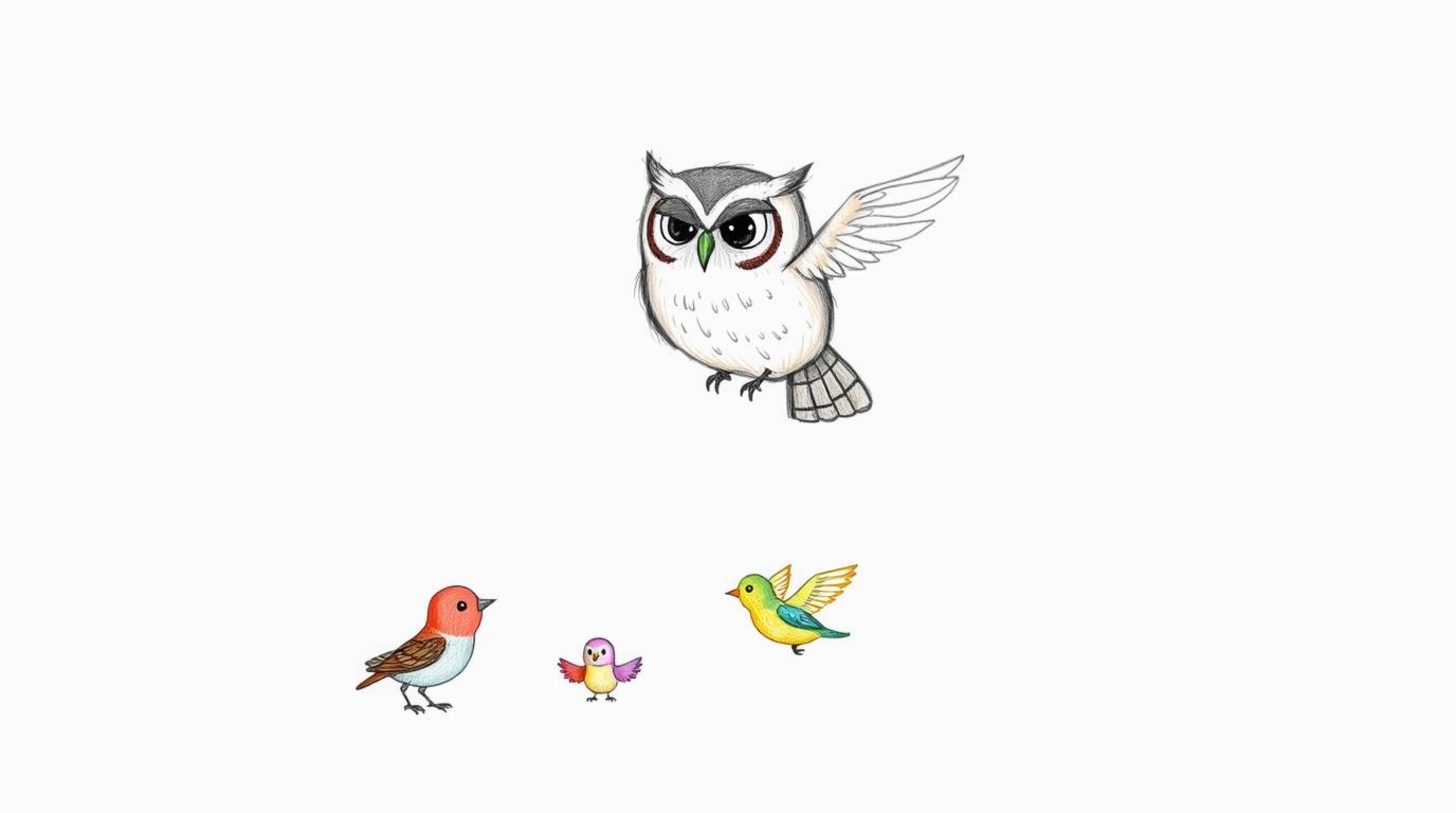 A heartwarming hand-drawn Pixar-style sketch depicts a blind, gentle owl patiently teaching small, colorful birds how to fly.