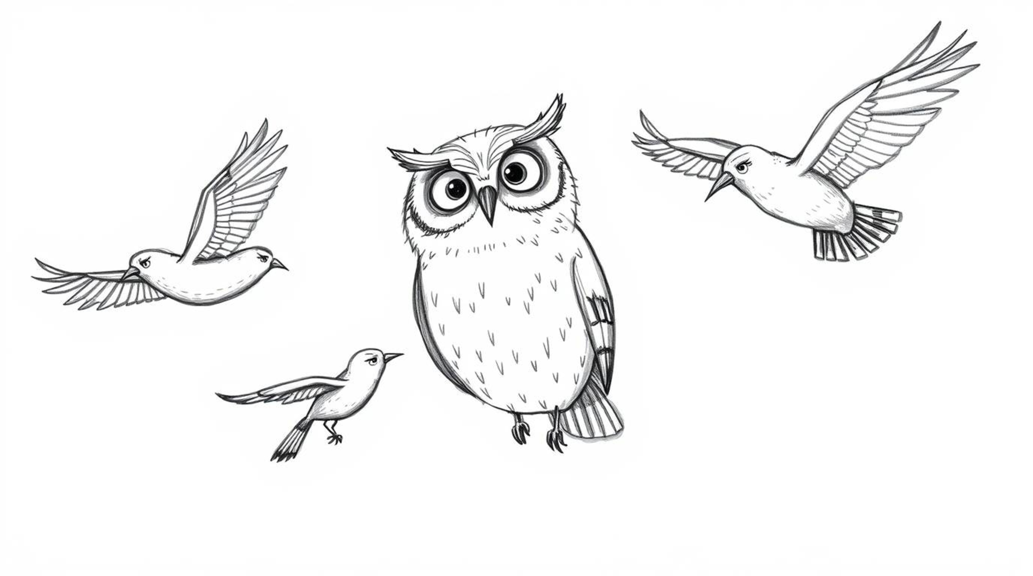 A charming, hand-drawn Pixar-style sketch depicts a blind owl with gentle features instructing birds to fly in perfect format