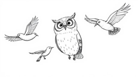 A charming, hand-drawn Pixar-style sketch depicts a blind owl with gentle features instructing birds to fly in perfect format