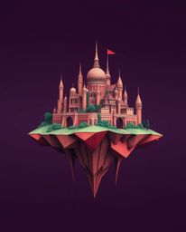 A rich burgundy and deep blue, intricate origami style illustration depicts a surreal floating island adorned with strange ar