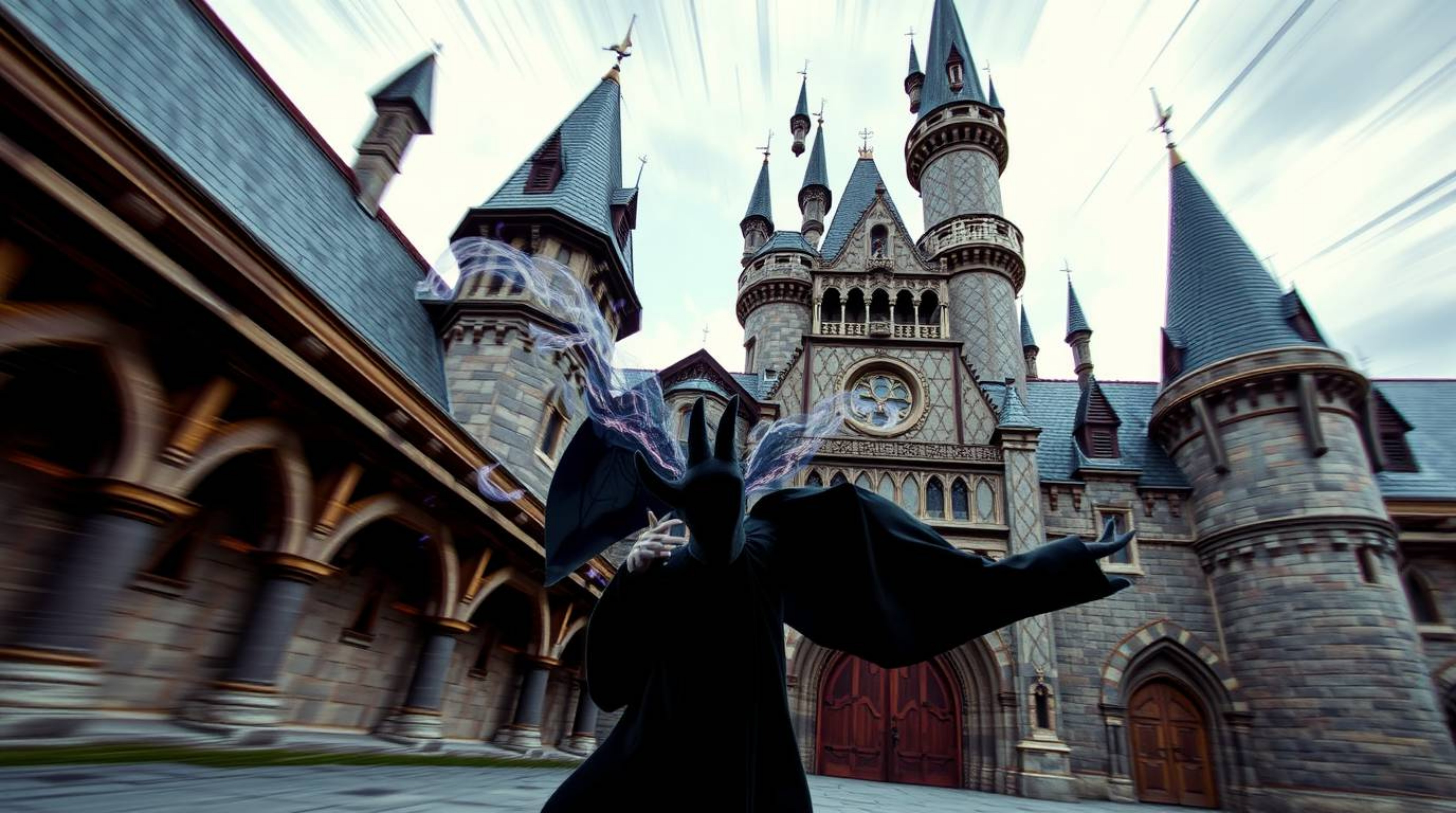A dynamic, in-motion architectural color photograph captures a classic Disney villain casting a spell within the ancient wall