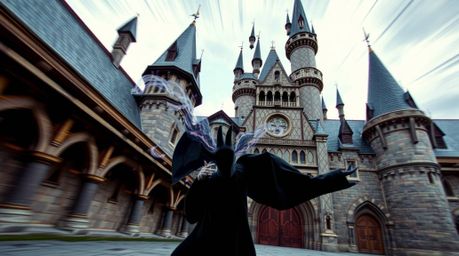 A dynamic, in-motion architectural color photograph captures a classic Disney villain casting a spell within the ancient wall