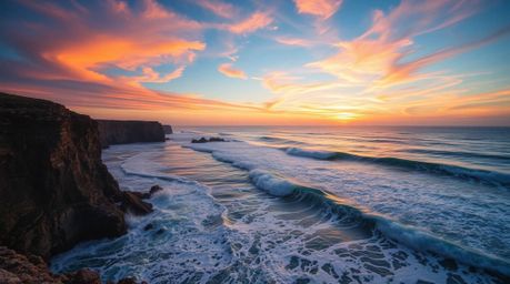 Experience the breathtaking beauty of waves crashing against rugged cliffs under a vibrant sunset sky. This image captures th