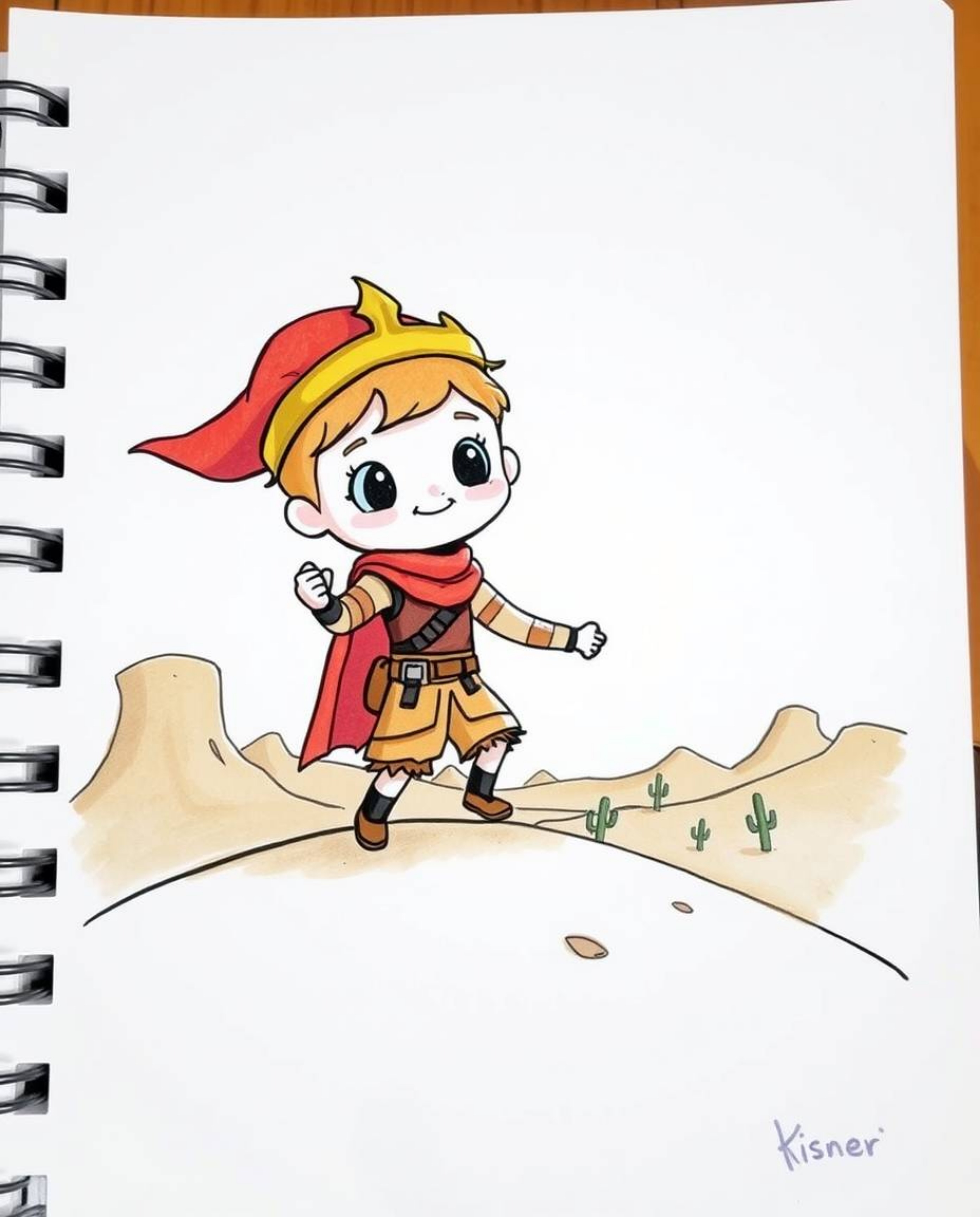 A charming, brave hero embarks on a whimsical Disney-style desert adventure in this adorable hand-drawn sketchnote.  The ligh