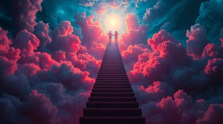 A surreal artwork depicts a stairway ascending through smoky clouds towards a vibrant celestial light.  Rendered in electric 