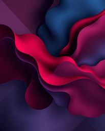 This abstract composition features a captivating interplay of rich burgundy and deep blue 3D fluid shapes with geometric form