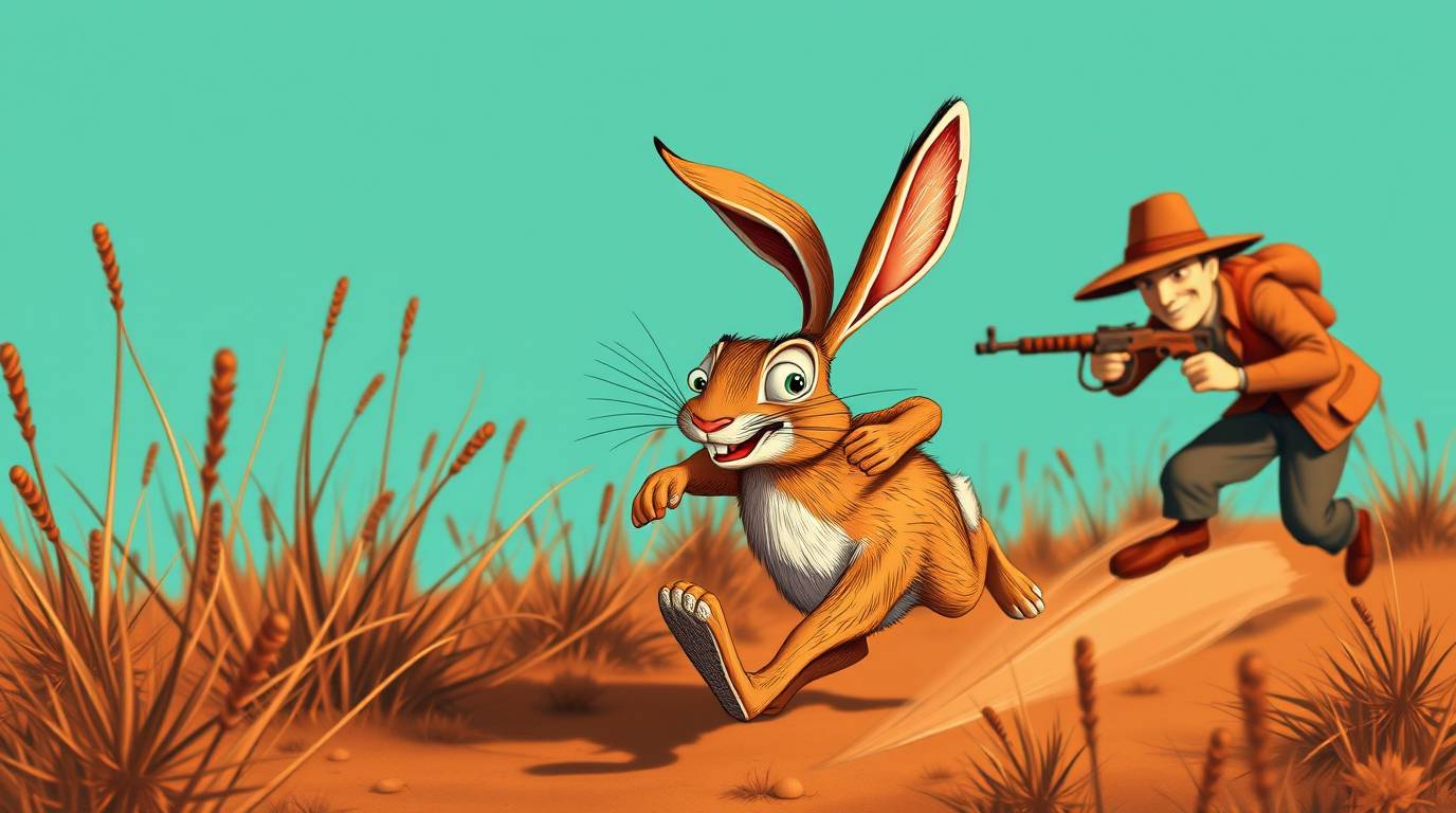 A comically exaggerated rabbit, rendered in striking warm terracotta and cool teal tones, outruns a hapless hunter in a scene