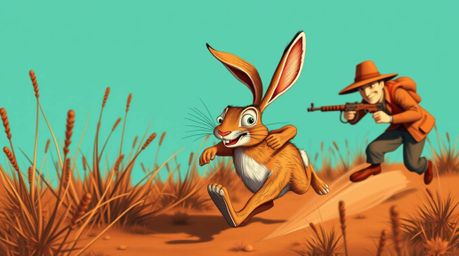 A comically exaggerated rabbit, rendered in striking warm terracotta and cool teal tones, outruns a hapless hunter in a scene