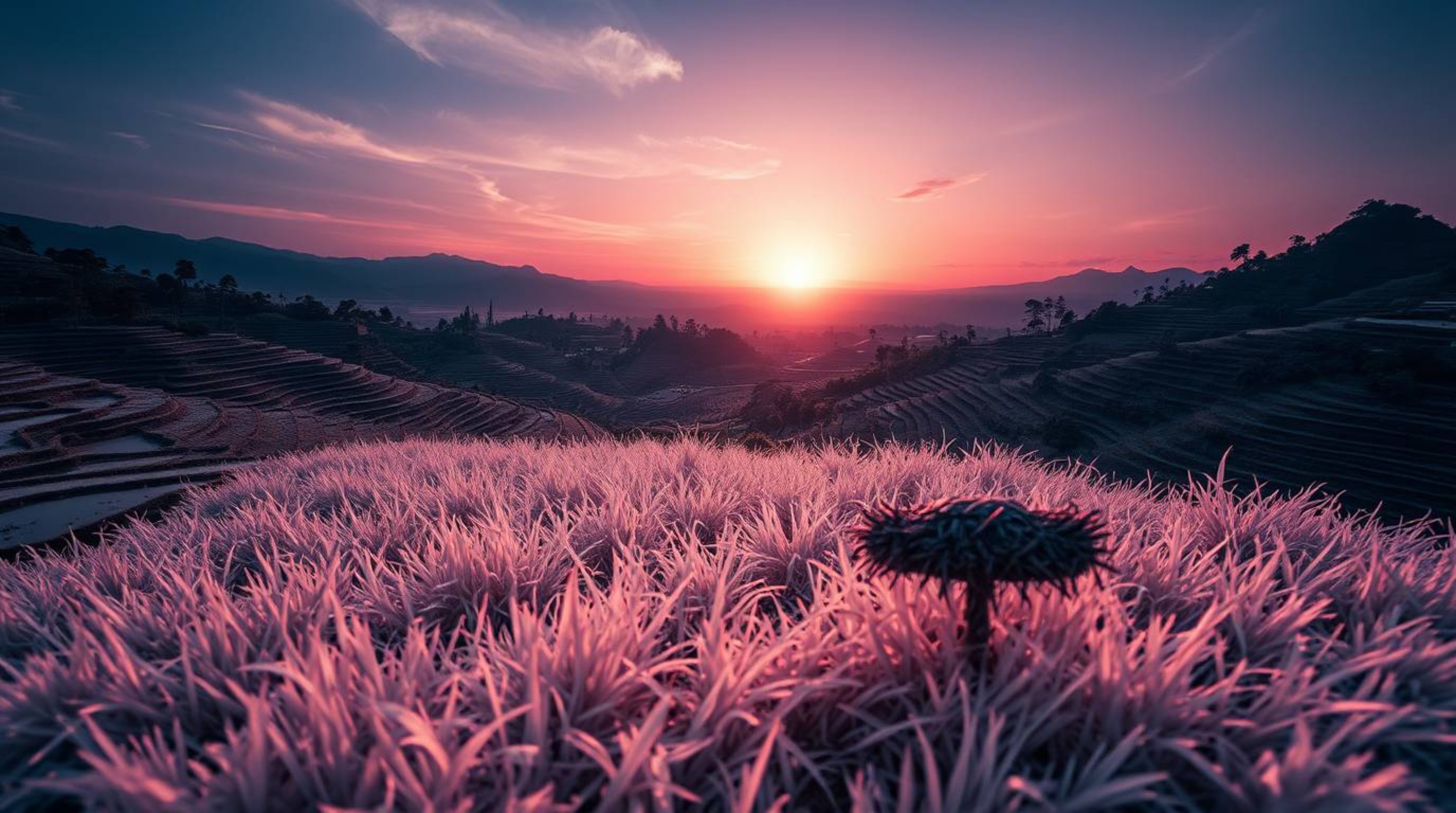 Explore the mesmerizing beauty of rice terraces through surreal infrared photography. This extreme macro close-up captures th