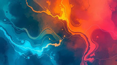 This digital artwork presents an overhead bird’s eye view of neon gradient textures flowing across a liquid surface, rendered