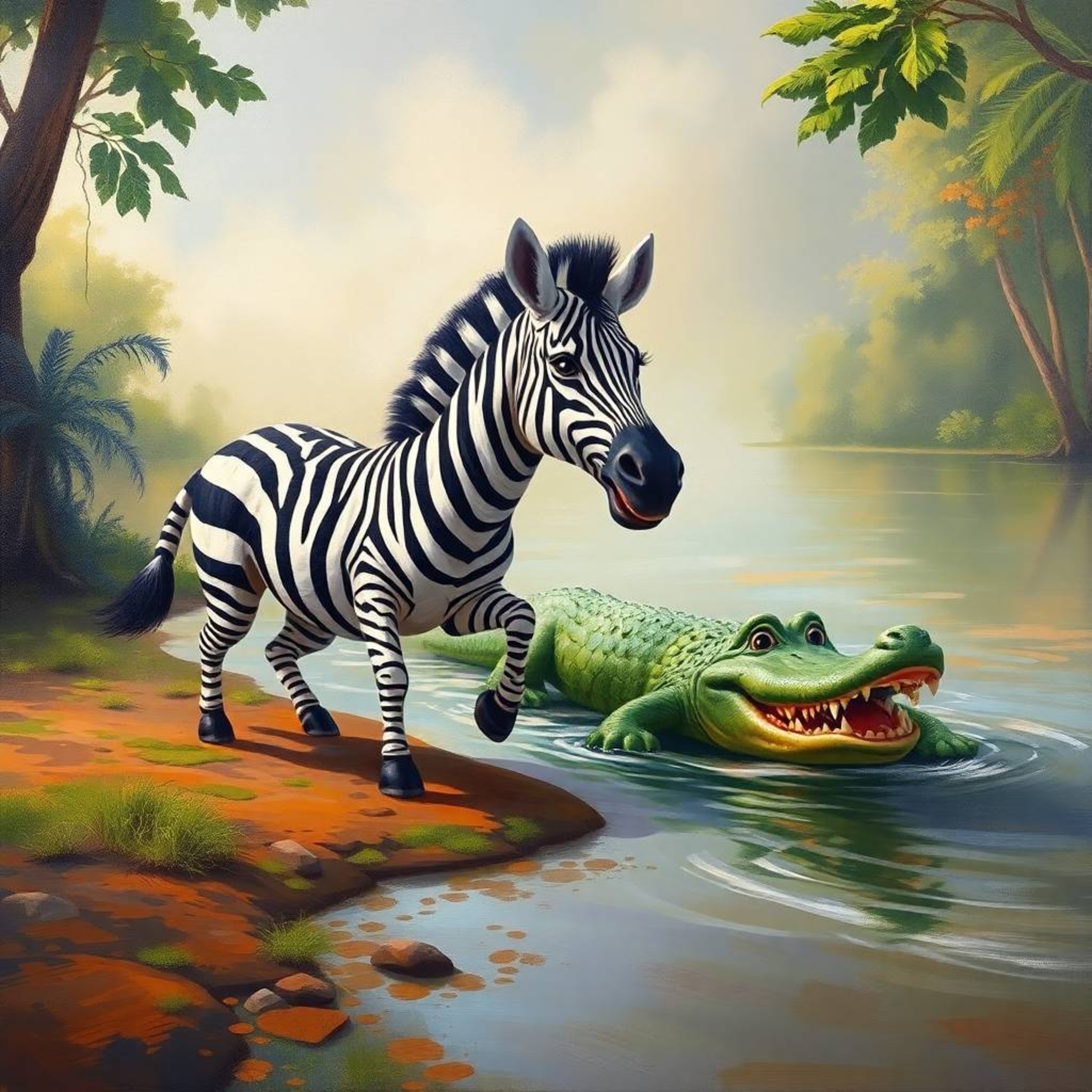 A captivating classic oil painting showcases a whimsical scene of a 3D cartoon zebra cleverly escaping a friendly crocodile n