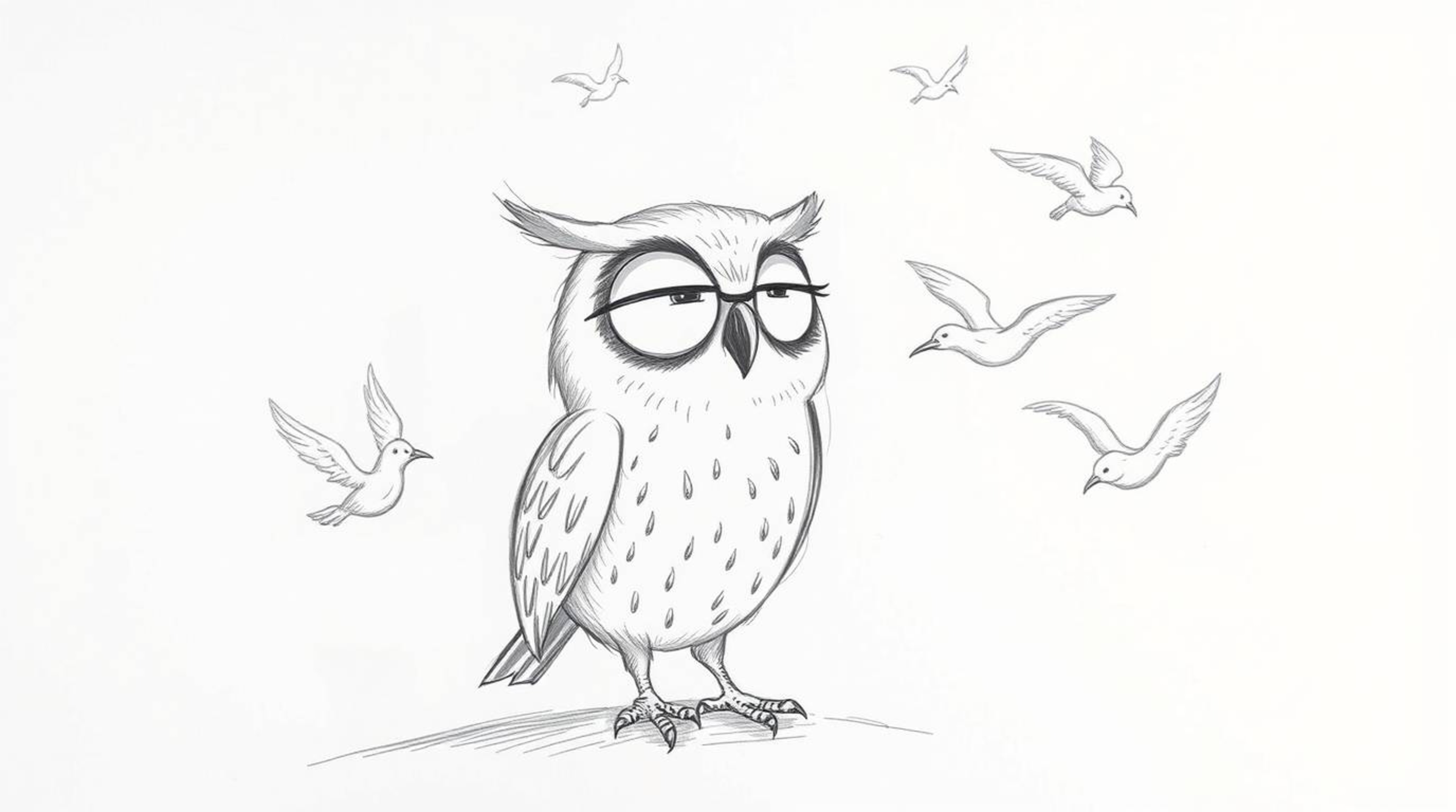 A heartwarming hand-drawn sketch in the Pixar style depicts a blind owl with gentle features patiently teaching a flock of bi