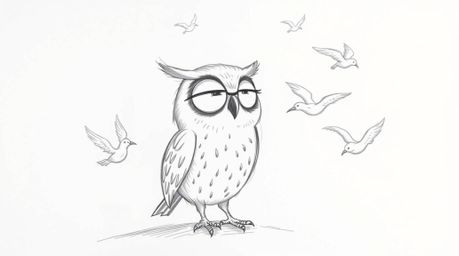 A heartwarming hand-drawn sketch in the Pixar style depicts a blind owl with gentle features patiently teaching a flock of bi