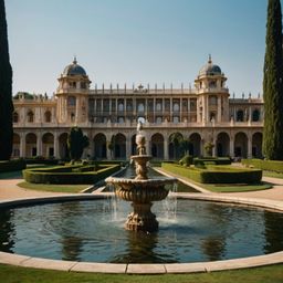 Explore a magnificent historical palace featuring impressive grand pillars, beautifully sprawling gardens, and stunning fount