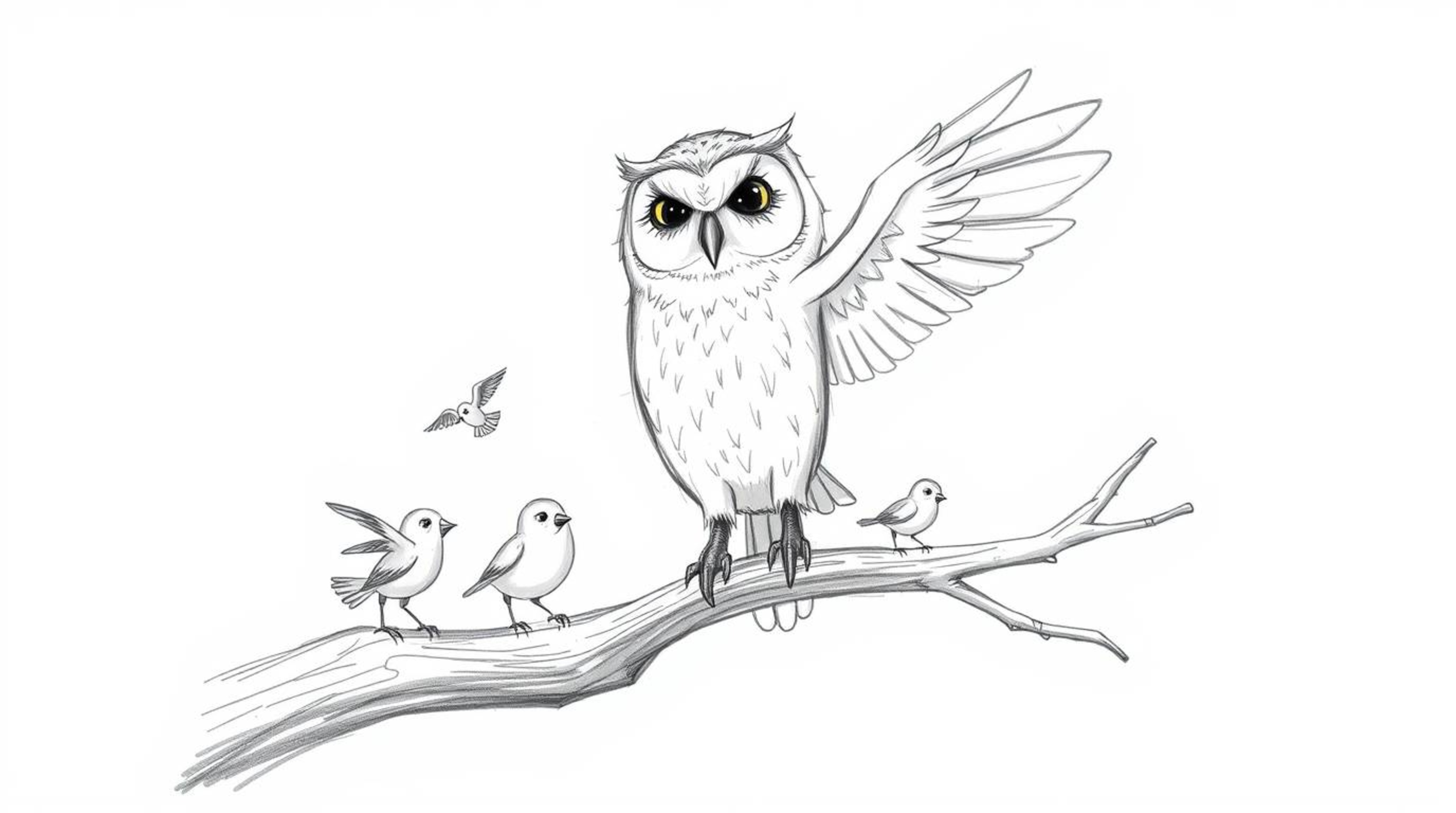 A heartwarming hand-drawn sketch in the style of Pixar depicts a blind owl, its soft feathers catching the light, patiently t