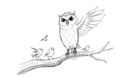 A heartwarming hand-drawn sketch in the style of Pixar depicts a blind owl, its soft feathers catching the light, patiently t