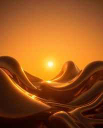 Stunning visuals of smooth, 3D fluid metallic shapes bathed in warm golden hour light.  These high-realism renders float in z